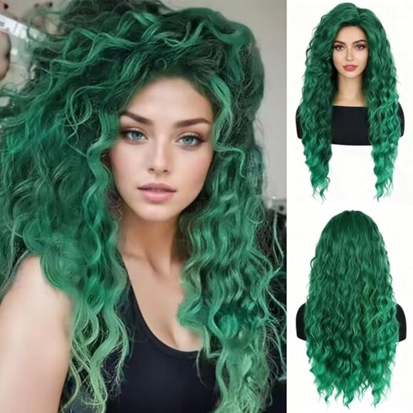 Long Curly Wavy Green Wig main image 2